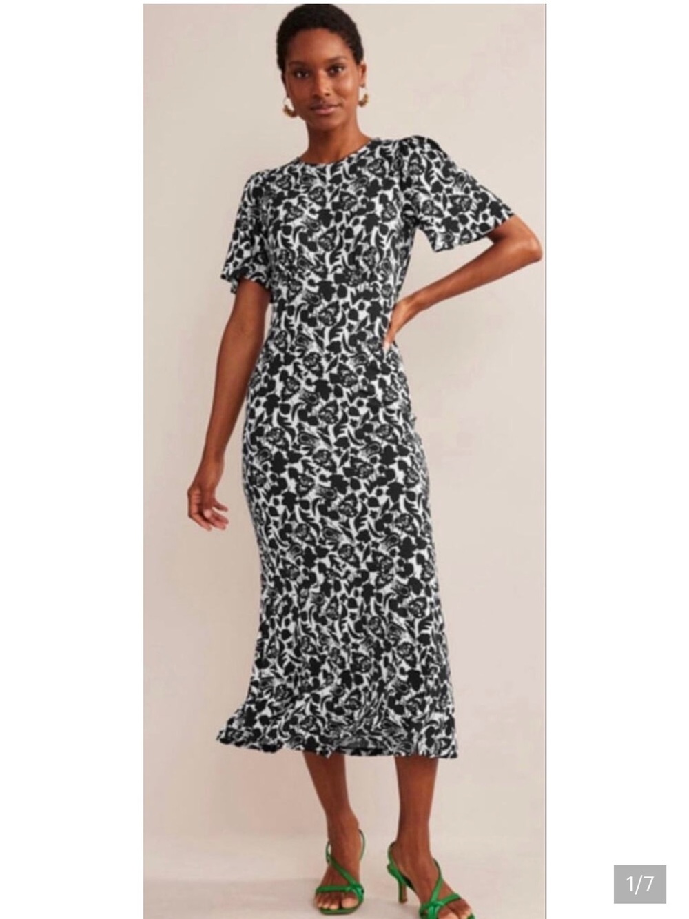 Boden Black White Floral Flippy Jersey Knit Midi Long Dress Size US 4